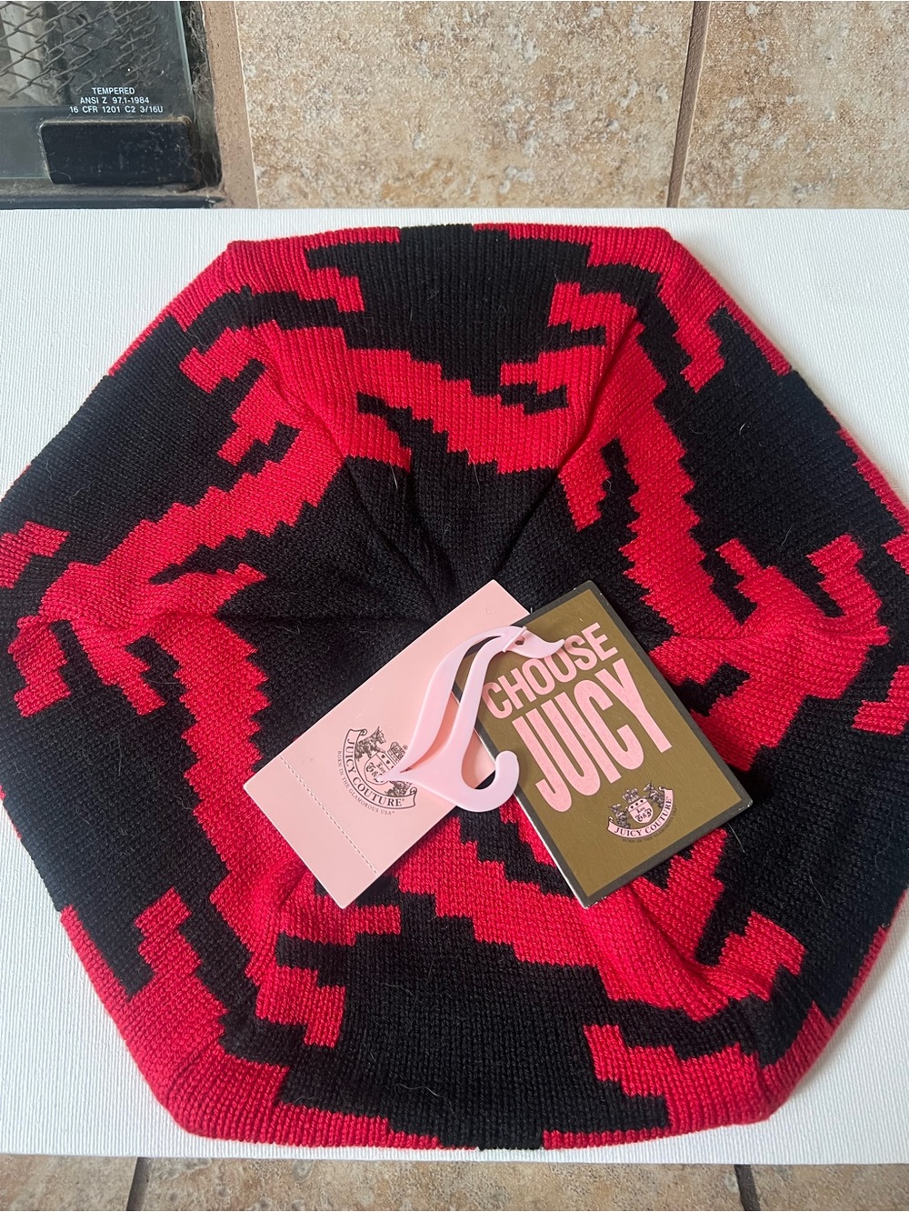Y2K Juicy Couture Kids Black & Red Graphic Knit Beret